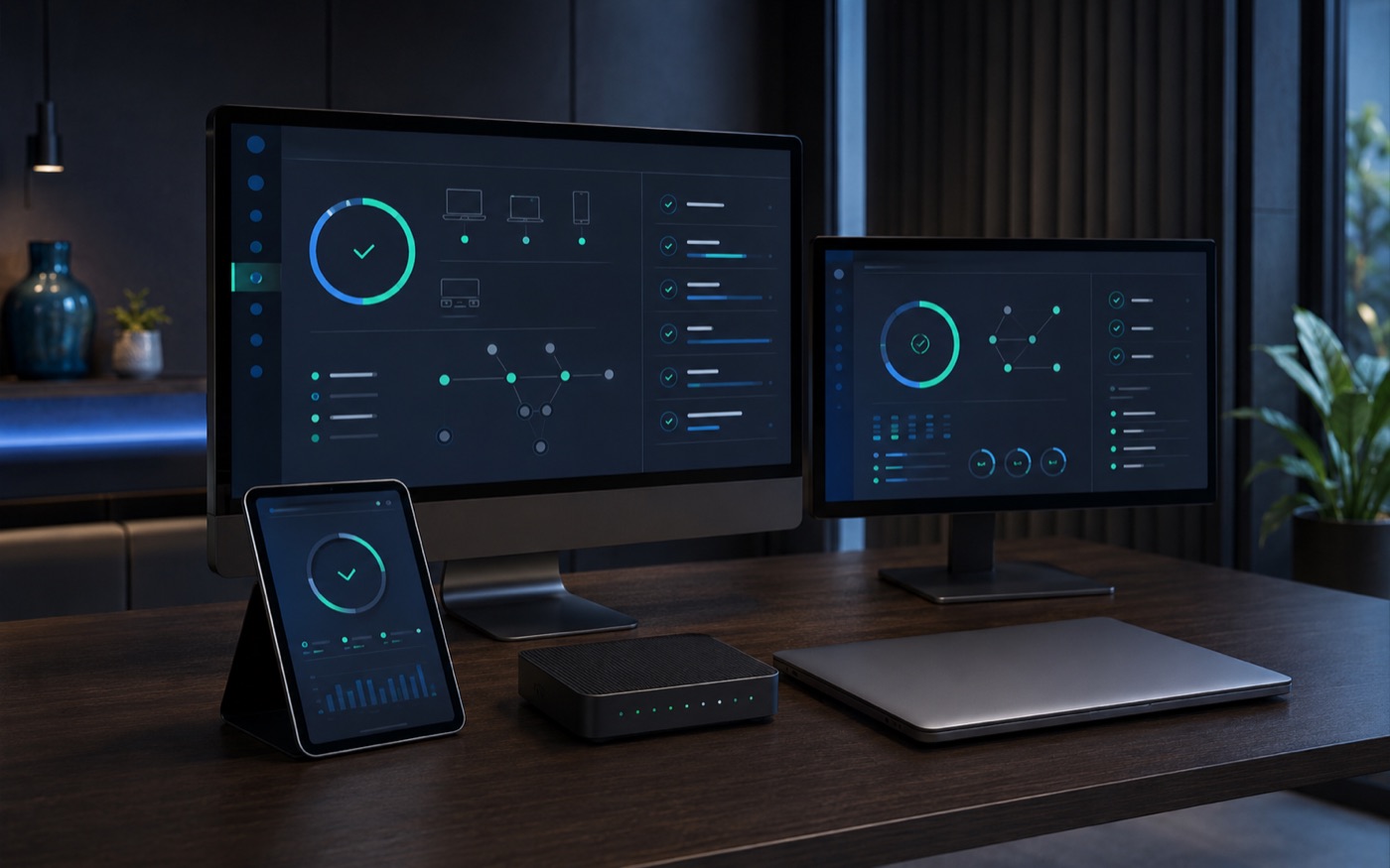 Business devices and systems shown in a secure management workspace