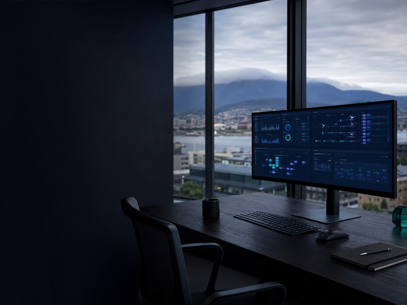 Premium Hobart technology operations workspace overlooking kunanyi