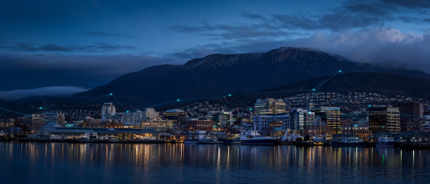 Hobart waterfront and kunanyi with a subtle connected technology network