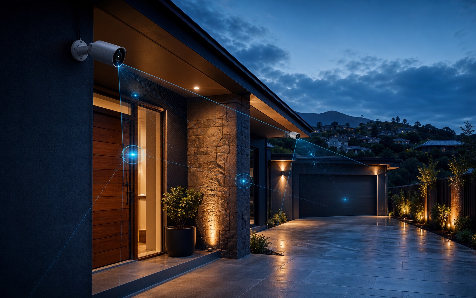 Professionally installed security cameras covering a Hobart home entrance and driveway